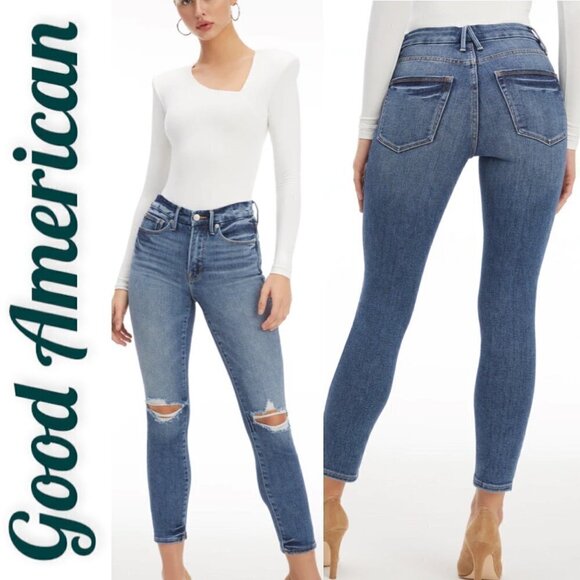 GOOD AMERICAN Good Legs Cigarette High Rise Busted Knee Distressed Jeans, Size 4 - Picture 1 of 13